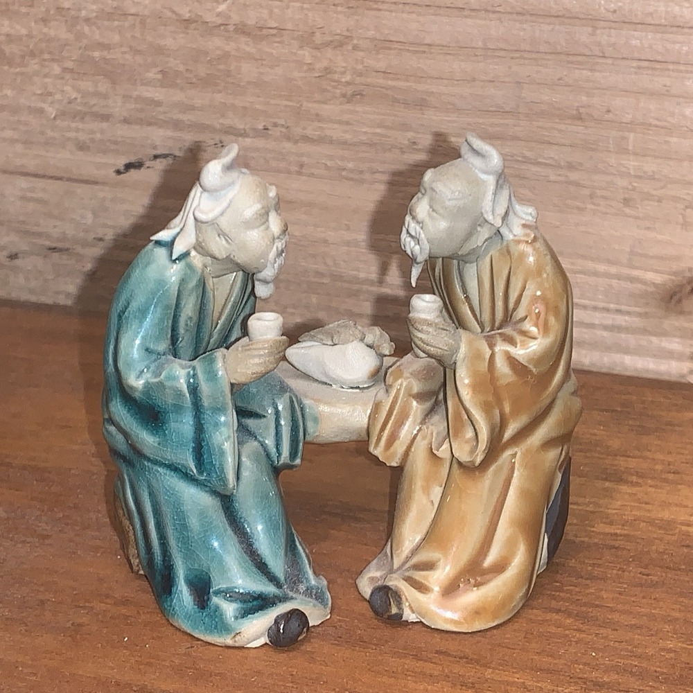 Vintage Chinese Mudmen Drinking Fruit Bowl Table Clay Figurines Painted Glazed